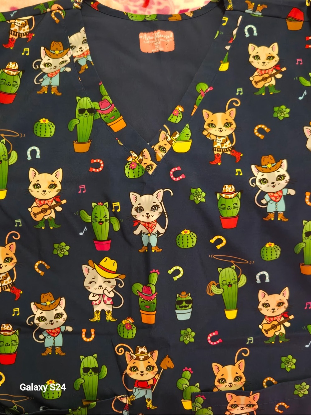 Navy Western Cat & Cactus Print V-Neck Scrub Top - Picture 3 of 5